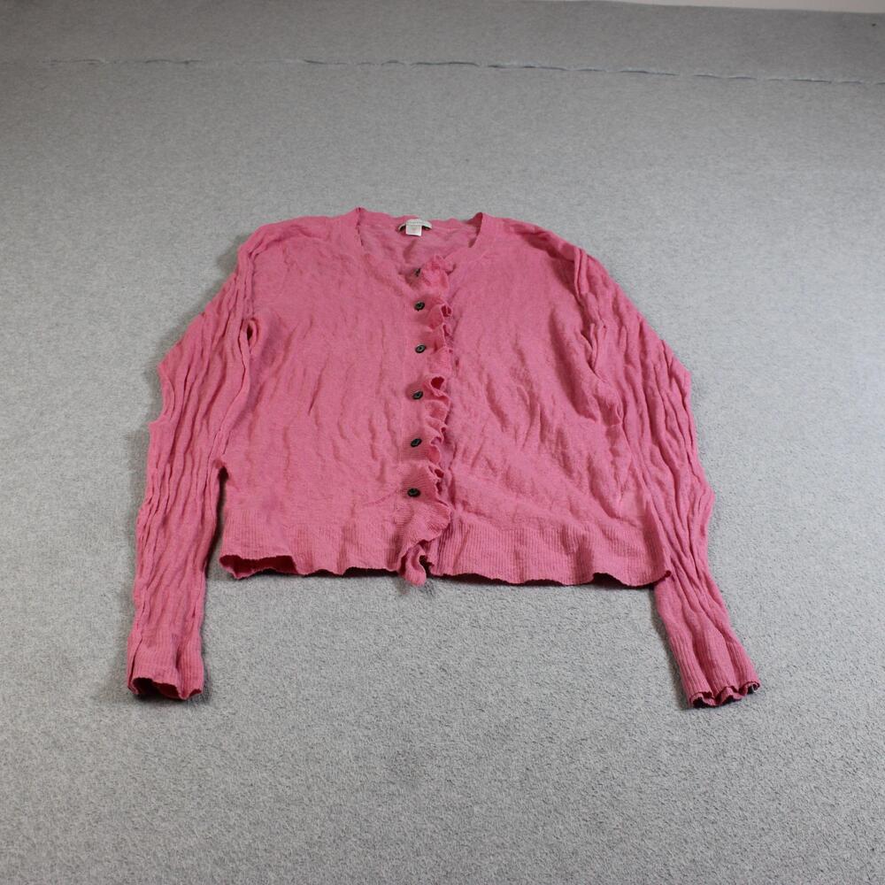 Garnet Hill Sweater Women Large Pink Cardigan Ruffle Button Lightweight Twee